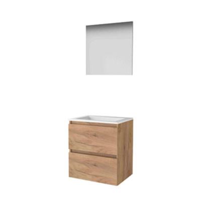 Basic-Line Basic 46 Badkamermeubelset - 60 x 46 cm - Greeploos - 2 Lades - Acryl Wastafel - Zonder Kraangat - Spiegel - Whisky Oak