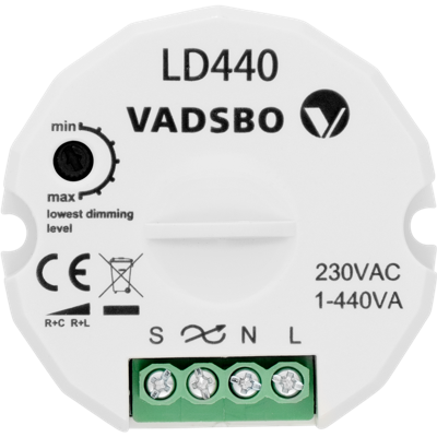 Vadsbo LDN200 LED dimmer 200W Pulsdrukker bediening LED max 200VA minimum dimstand instelbaar