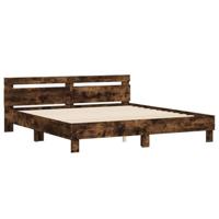Bedframe met hoofdeinde bewerkt hout gerookt eiken 200x200 cm - thumbnail