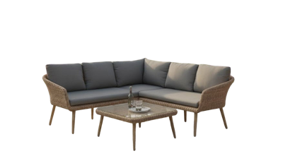 Mira coffee corner set 3pcs light yellow alu/natural wicker/acacia teak look Eurofar - Eurofar