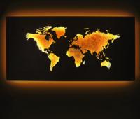 Design LED Wereldkaart wanddecoratie met verlichting - 60 x 30 cm - Bruin goud metaal - thumbnail