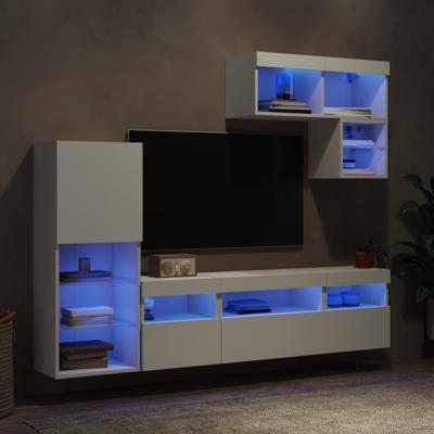 6-delige Tv-wandmeubelset met LED-verlichting bewerkt hout wit