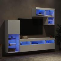 6-delige Tv-wandmeubelset met LED-verlichting bewerkt hout wit - thumbnail