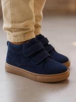 Halfhoge jongenssneakers in gekrast leer marineblauw - thumbnail