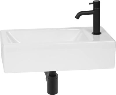 Saqu fonteinset met mat zwarte kraan links en rechts glanzend wit keramiek Saqu fonteinset met mat zwarte kraan links en rechts glanzend wit keramiek