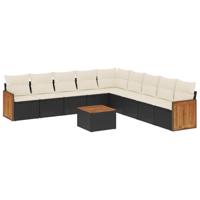 10-delige Loungeset met kussens poly rattan zwart - thumbnail