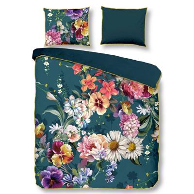 Descanso Dekbedovertrek "bloemen" - Petrol - (240x200/220 cm) - Biologisch Katoen satijn