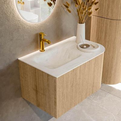 Mondiaz KURVE-DLUX 75 cm Onderkast Greeploos 1 Lade Met Deuren Oak, Wastafel Solid Surface Links Opalo 1 Kraangat Zonder Spiegel (KRVGRU75R1L1D1KL-Oak/Opa)