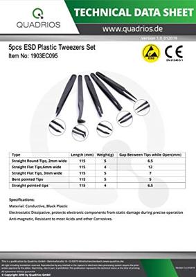 Quadrios 1903EC095 Pincet ESD 5-delig Plat-breed, Plat, gebogen, Afgerond Quadrios 1903EC095 Pincet ESD 5-delig Plat-breed, Plat, gebogen, Afgerond