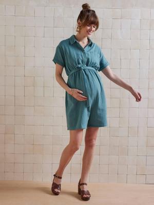 Zwangerschaps- en voedingsjurk met korte broek in katoenen gaas smaragdgroen Zwangerschaps- en voedingsjurk met korte broek in katoenen gaas smaragdgroen