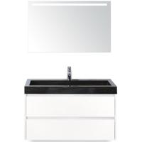 Dante Badmeubelset 100 cm - Wit Hoogglans - Wastafel Hardsteen Wit Lucca met Sence Spiegel - thumbnail