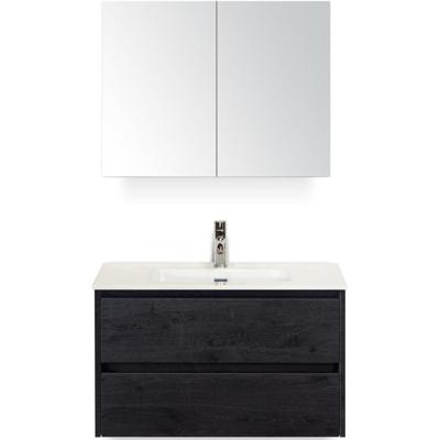 Dante Badmeubelset 80 cm - Black Oak - Keramische Wastafel Wit Cover met Spiegelkast