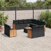 12-delige Loungeset met kussens poly rattan zwart - thumbnail