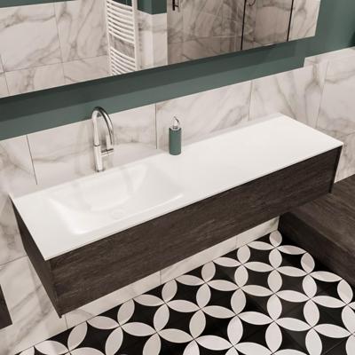 Mondiaz Lush Cloud badmeubel eiken Dark brown 150 cm 1 lade solid surface enkele spoelbak links 1 kraangat