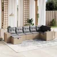 7-delige Loungeset met kussens poly rattan gemengd beige - thumbnail