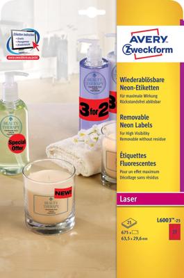 Etiket Avery L6003-25 63.5x29.6 neon rood 675 etiketten