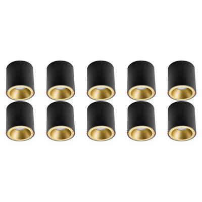 Opbouwspot 10 Pack - Pragmi Cliron Pro - GU10 Fitting - Opbouw Rond - Mat Zwart/Goud - Aluminium - Verdiept - Ø90mm