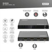Digitus DS-55333 HDMI-switch 3 + 1 poorten LED-weergave, Met afstandsbediening, Ultra HD-geschikt, Met metalen behuizing, Individueel schakelbaar, Met - thumbnail