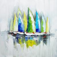 Schilderij -Handgeschilderd - Zeilboten met blauw , groen , gele zeilen - 100x100cm - thumbnail
