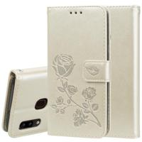 Voor Galaxy A20e ingedrukt afdrukken Rose patroon horizontale Flip PU lederen draagtas met houder & kaartsleuven & portemonnee (goud) - thumbnail