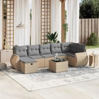 7-delige Loungeset met kussens poly rattan gemengd beige - thumbnail