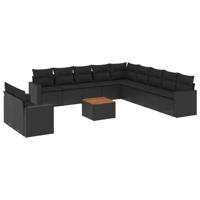 12-delige Loungeset met kussens poly rattan zwart - thumbnail