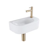 QeramiQ Fuente Fonteinset - 40x21.5x12cm - rechts - geribbeld - halfrond - 1 kraangat - keramiek - fonteinkraan geborsteld messing - afvoerplug - verlaagd sifon - wit mat SW1209543/SW696208/SW696218/SW696238 - thumbnail