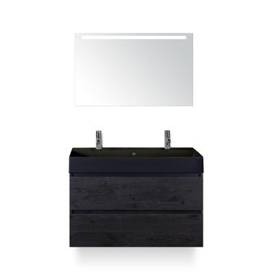 Maxx XL Badmeubelset 100 cm - Black Oak - Wastafel Kube Zwart 2 kraangaten - met LED Spiegel