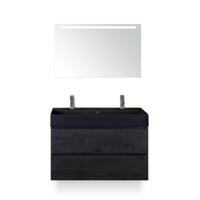 Maxx XL Badmeubelset 100 cm - Black Oak - Wastafel Kube Zwart 2 kraangaten - met LED Spiegel - thumbnail