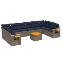 11-delige Loungeset met kussens poly rattan grijs - thumbnail