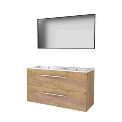 Basic-Line Framed 46 Badkamermeubelset - 120 x 46 cm - Met Grepen - 2 Lades - Keramische Wastafel - 2 Kraangaten - Spiegel met Zwart Aluminium Frame - Whisky Oak