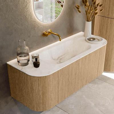 Mondiaz KURVE-DLUX 120 cm Onderkast Greeploos 1 Lade Met Deuren Oak, Wastafel Solid Surface Midden Frappe 0 Kraangaten Zonder Spiegel (KRVBGS120L+R1L2D0KM-Oak/Fra)