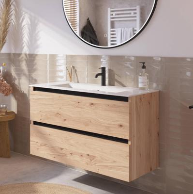 Saqu Gaia badmeubel incl. keramische wastafel 100x46x61cm naturel eiken - zwarte greeplijst