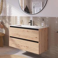 Saqu Gaia badmeubel incl. keramische wastafel 100x46x61cm naturel eiken - zwarte greeplijst - thumbnail