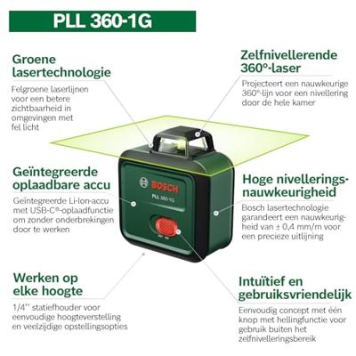 BOSCH lijnlaser - PLL 360-1 G - Inclusief gebruikershandleiding, beschermhoes en Li-ionbatterij