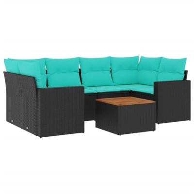 7-delige Loungeset met kussens poly rattan zwart