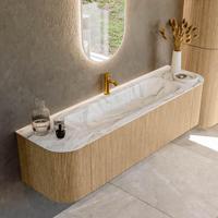 Mondiaz KURVE-DLUX 170 cm Onderkast Greeploos 1 Lade Met Deuren Oak, Wastafel Solid Surface Midden Glace 1 Kraangat Zonder Spiegel (KRVBGL170L+R1L2D1KM-Oak/Gla) - thumbnail