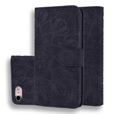 Kalf patroon dubbele vouwen ontwerp reliëf lederen draagtas met portemonnee & houder & kaartsleuven voor iPhone 8 & 7 (zwart)