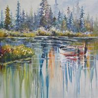 Schilderij - Handgeschilderd - In alle rust, boten op de rivier, olieverf, 100x100 cm. - thumbnail