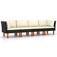 Tuinbank 4-zits met kussens poly rattan zwart - thumbnail