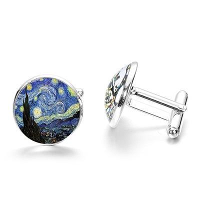 1 paar Fashion Van Gogh kunst schilderij serie Manchetknopen Van Gogh Starry nacht kristal glas Cabochon Cufflinks(Sliver)