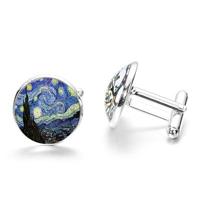 1 paar Fashion Van Gogh kunst schilderij serie Manchetknopen Van Gogh Starry nacht kristal glas Cabochon Cufflinks(Sliver) - thumbnail