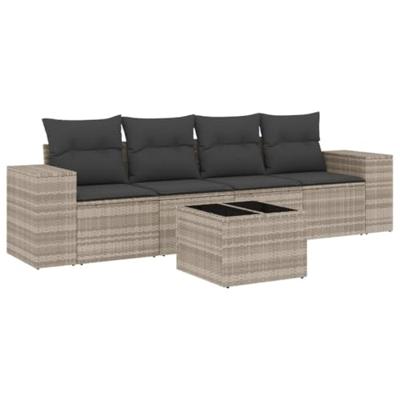 5-delige Loungeset met kussens poly rattan lichtgrijs