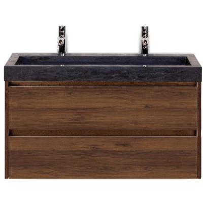 Dante Badmeubelset 100 cm - Walnoot - Wastafel Hardsteen Wit Lucca 2 Kraangaten