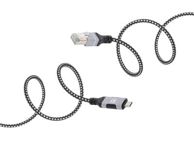 Manhattan 394826 USB-kabel USB 3.2 Gen1 (USB 3.0 / USB 3.1 Gen1) RJ45, USB-C stekker 200 cm Zwart/zilver Folie afscherming, Stoffen mantel
