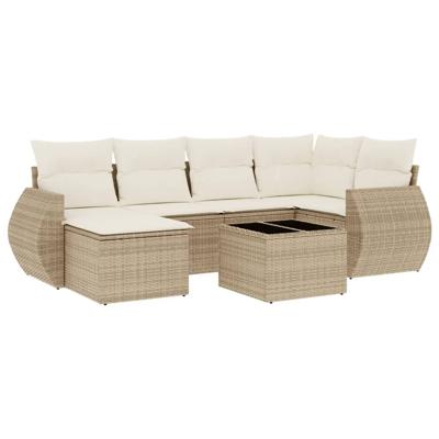 7-delige Loungeset met kussens poly rattan beige - thumbnail
