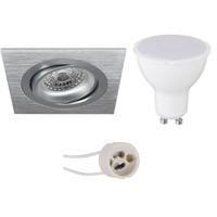 GU10 Inbouwspot Set - Mat Zilver - Inbouw Vierkant - Dimbaar - Kantelbaar - Pragmi Borny Pro - 6W - Helder/Koud Wit 6400K - 92mm - thumbnail
