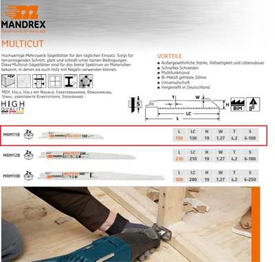 Reciprozaagblad 150mm Mandrex Multicut (2 st.)