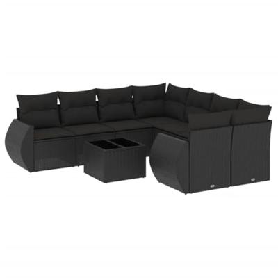 9-delige Loungeset met kussens poly rattan zwart