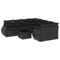 9-delige Loungeset met kussens poly rattan zwart - thumbnail